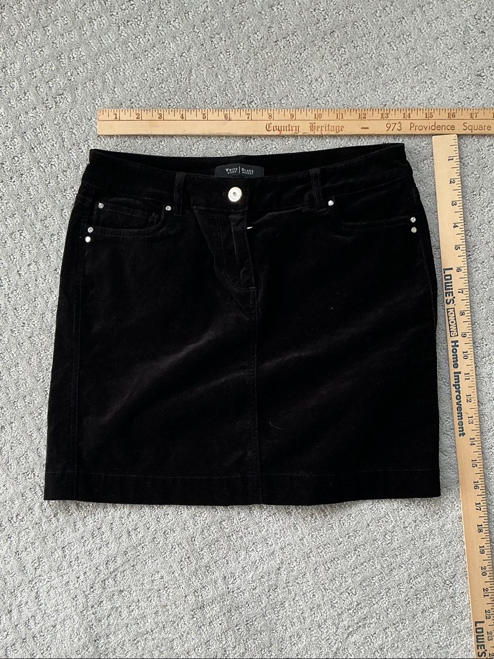 White House Black Market Black velvet Mini Skirt with rhinestone rivet Hardware
